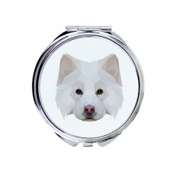 A pocket mirror with a Finnish Lapphund dog. A new collection with the geometric dog