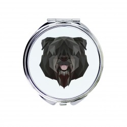 Un miroir de poche avec un chien Bouvier des Flandres. Une nouvelle collection avec le chien géométrique
