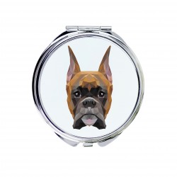 Uno specchio tascabile con un cane Boxer tedesco cropped. Una nuova collezione con il cane geometrico