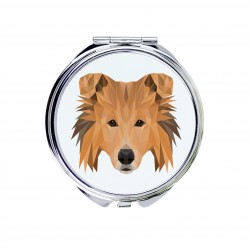 Un espejo de bolsillo con un perro Collie. Una nueva colección con el perro geométrico