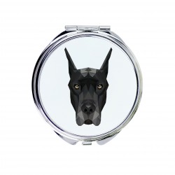 Uno specchio tascabile con un cane Alano tedesco cropped. Una nuova collezione con il cane geometrico
