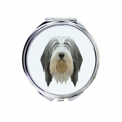 Uno specchio tascabile con un cane Bearded Collie. Una nuova collezione con il cane geometrico