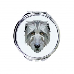 Un espejo de bolsillo con un perro Cazador de lobos irlandés. Una nueva colección con el perro geométrico