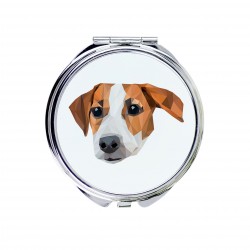 Uno specchio tascabile con un cane Jack Russell Terrier. Una nuova collezione con il cane geometrico