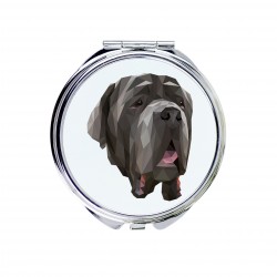Uno specchio tascabile con un cane Mastino Napoletano. Una nuova collezione con il cane geometrico