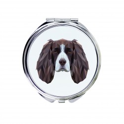 A pocket mirror with a English Springer Spaniel dog. A new collection with the geometric dog