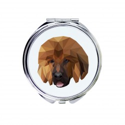 Un espejo de bolsillo con un perro Dogo del Tíbet. Una nueva colección con el perro geométrico