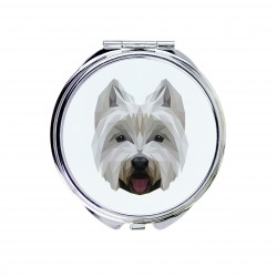 Un espejo de bolsillo con un perro West Highland White Terrier. Una nueva colección con el perro geométrico