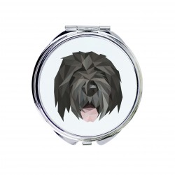 Un espejo de bolsillo con un perro Terrier Ruso Negro. Una nueva colección con el perro geométrico