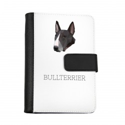 Cuaderno, libro con un perro Bull terrier inglés. Una nueva colección con el perro geométrico