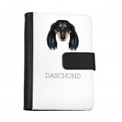 Cuaderno, libro con un perro Perro salchicha longhaired. Una nueva colección con el perro geométrico