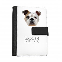 Cuaderno, libro con un perro Bulldog inglés. Una nueva colección con el perro geométrico