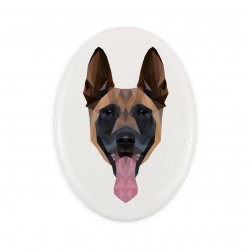 Una placa de cerámica con un perro Ovejero belga. Perro geométrico.