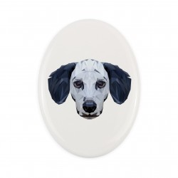 Una placa de cerámica con un perro Dálmatas. Perro geométrico.