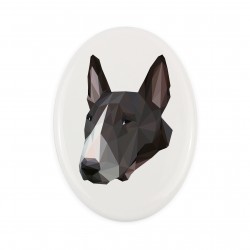 Una placa de cerámica con un perro Bull terrier inglés. Perro geométrico.