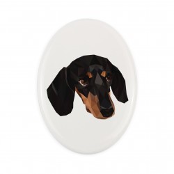 Una placa de cerámica con un perro Perro salchicha smoothhaired. Perro geométrico.