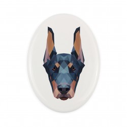 A ceramic tombstone plaque with a Dobermann dog. Geometric dog