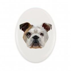 Una placa de cerámica con un perro Bulldog inglés. Perro geométrico.