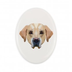 A ceramic tombstone plaque with a Labrador Retriever dog. Geometric dog