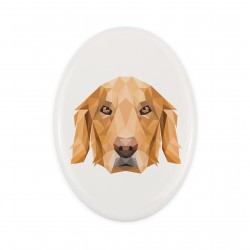 Una placa de cerámica con un perro Cobrador dorado. Perro geométrico.