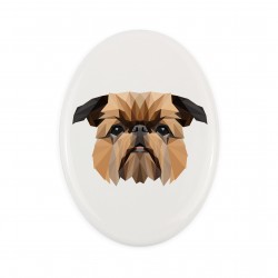 A ceramic tombstone plaque with a Brussels Griffon dog. Geometric dog