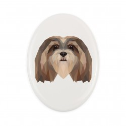 A ceramic tombstone plaque with a Lhasa Apso dog. Geometric dog