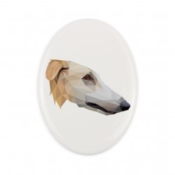 Una placa de cerámica con un perro Borzoi. Perro geométrico.