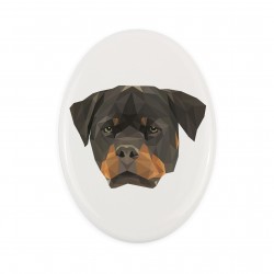 A ceramic tombstone plaque with a Rottweiler dog. Geometric dog