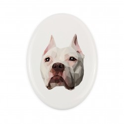 Una lapide in ceramica con un cane American Pit Bull Terrier. Cane geometrico