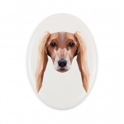 Una lapide in ceramica con un cane Levriero persiano. Cane geometrico