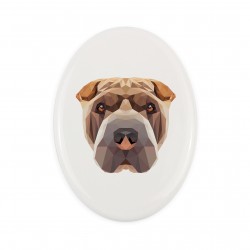 Una lapide in ceramica con un cane Shar Pei. Cane geometrico