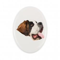 Una placa de cerámica con un perro San bernardo. Perro geométrico.