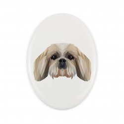 Una placa de cerámica con un perro Shih Tzu. Perro geométrico.