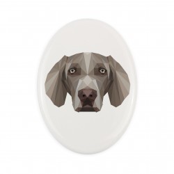 A ceramic tombstone plaque with a Weimaraner dog. Geometric dog