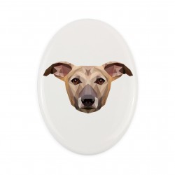 Una lapide in ceramica con un cane Whippet. Cane geometrico
