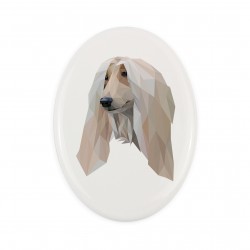 A ceramic tombstone plaque with a Afghan Hound dog. Geometric dog