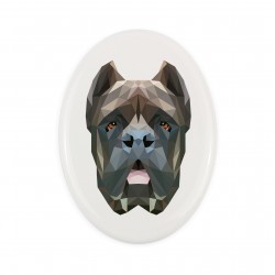 Una placa de cerámica con un perro Mastín italiano. Perro geométrico.