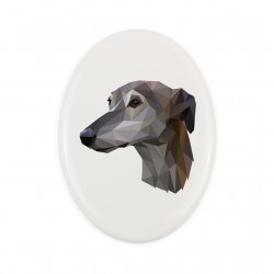 A ceramic tombstone plaque with a Grey Hound dog. Geometric dog