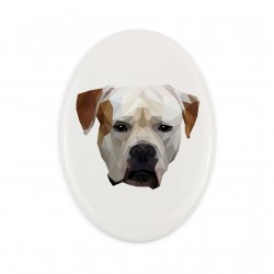 Una lapide in ceramica con un cane Bulldog americano. Cane geometrico