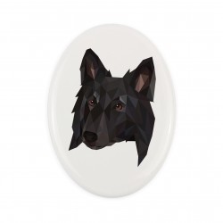A ceramic tombstone plaque with a Belgian Shepherd dog. Geometric dog