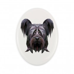 A ceramic tombstone plaque with a Skye Terrier dog. Geometric dog