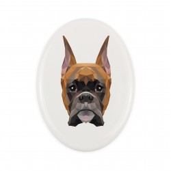 A ceramic tombstone plaque with a Boxer cropped dog. Geometric dog