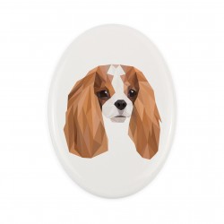A ceramic tombstone plaque with a Cavalier King Charles Spaniel dog. Geometric dog