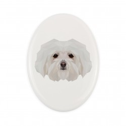 Una placa de cerámica con un perro Bichón boloñés. Perro geométrico.