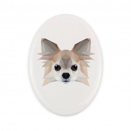 Lastra di ceramica ovale tombale con immagine del cane.