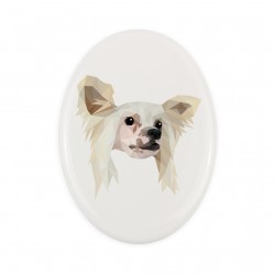 A ceramic tombstone plaque with a Chinese Crested Dog dog. Geometric dog
