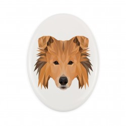 Una placa de cerámica con un perro Collie. Perro geométrico.