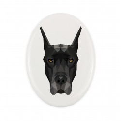 A ceramic tombstone plaque with a Great Dane cropped dog. Geometric dog
