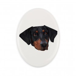 A ceramic tombstone plaque with a Dobermann uncropped dog. Geometric dog