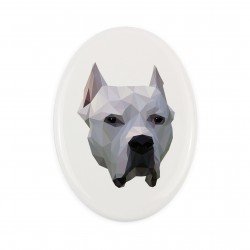 A ceramic tombstone plaque with a Argentine Dogo dog. Geometric dog